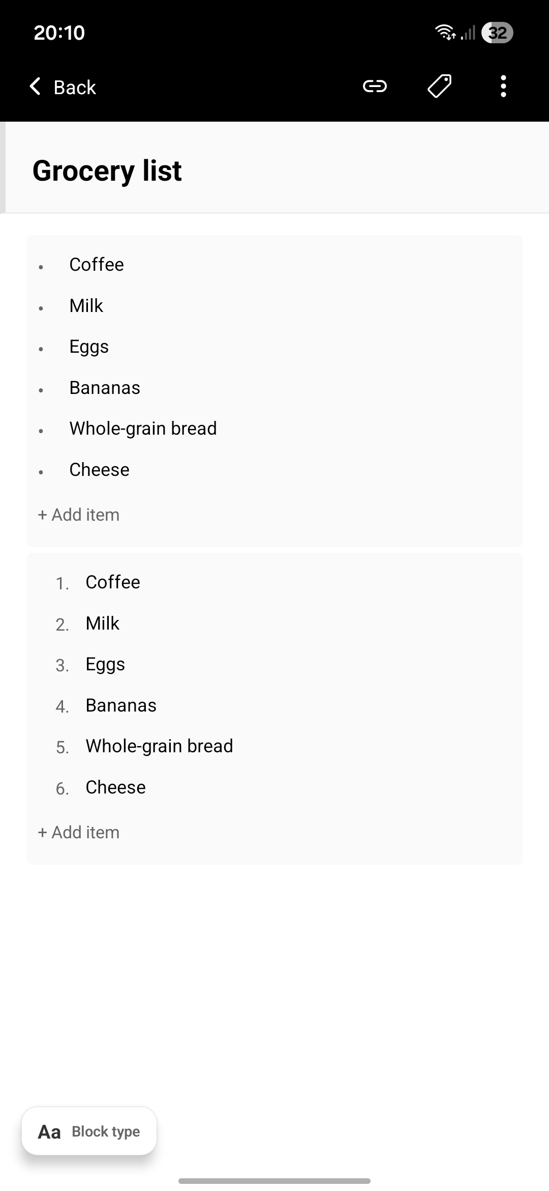 Note with numbered and bullet lists